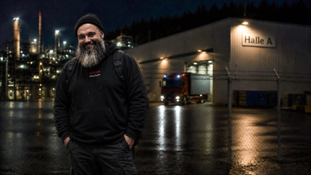 Es ist Nacht und Philipp steht dunkel gekleidet vor einem Industriegebäude.